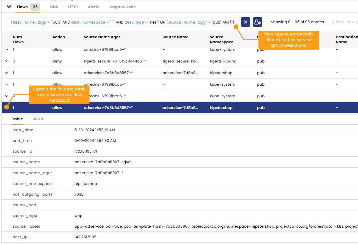 Flow log filtering